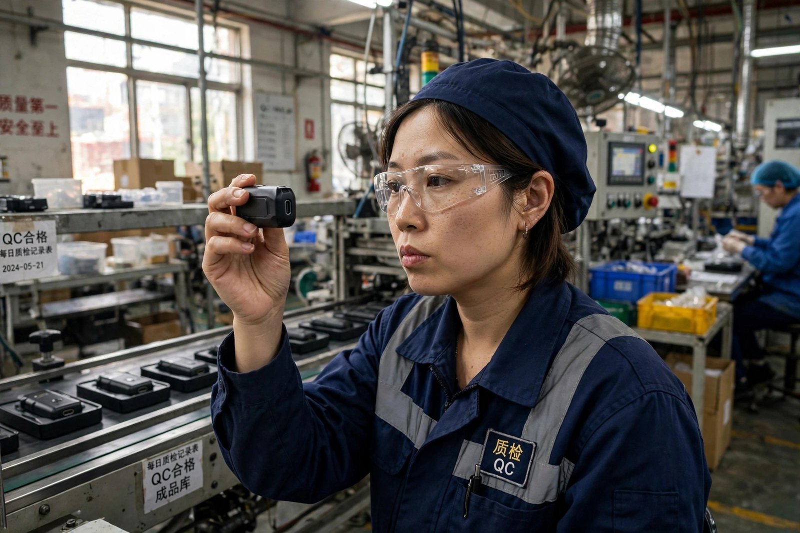 Ein Qualitätsprüfer untersucht Produkte an einer Produktionslinie in einer asiatischen Fabrik