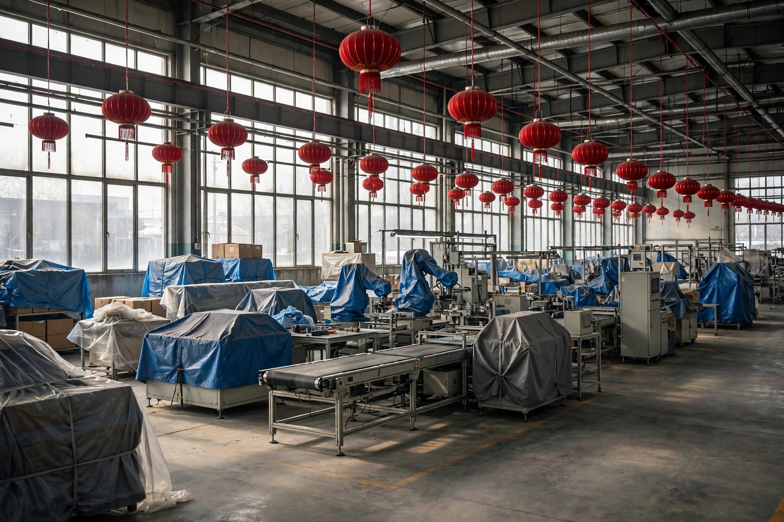 Leere chinesische Fabrikhalle während des Neujahrsstillstands, rote Laternen über stillstehenden Maschinen