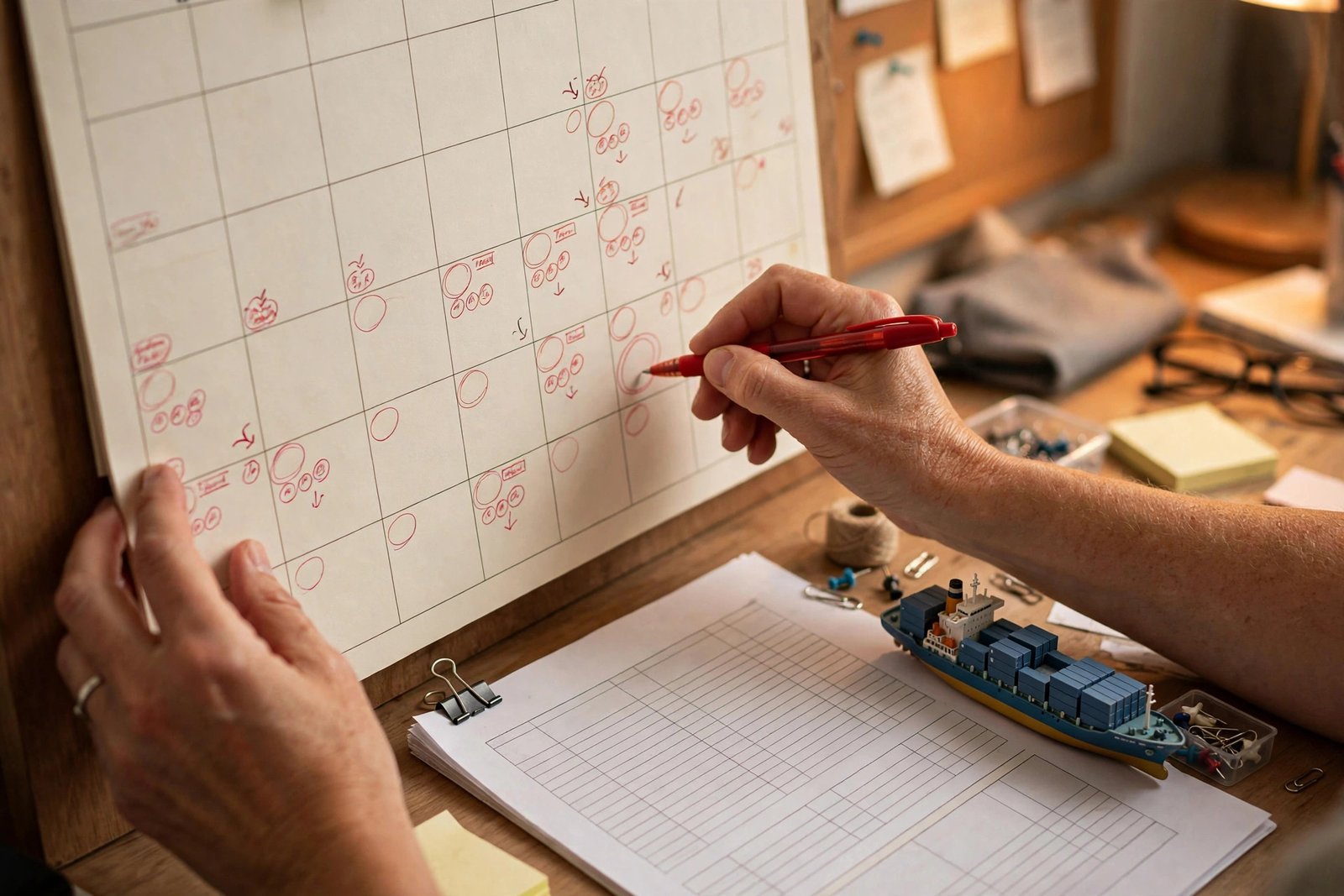 Importeur markiert chinesische Feiertagsstillstandswochen auf einem Produktionsplanungskalender