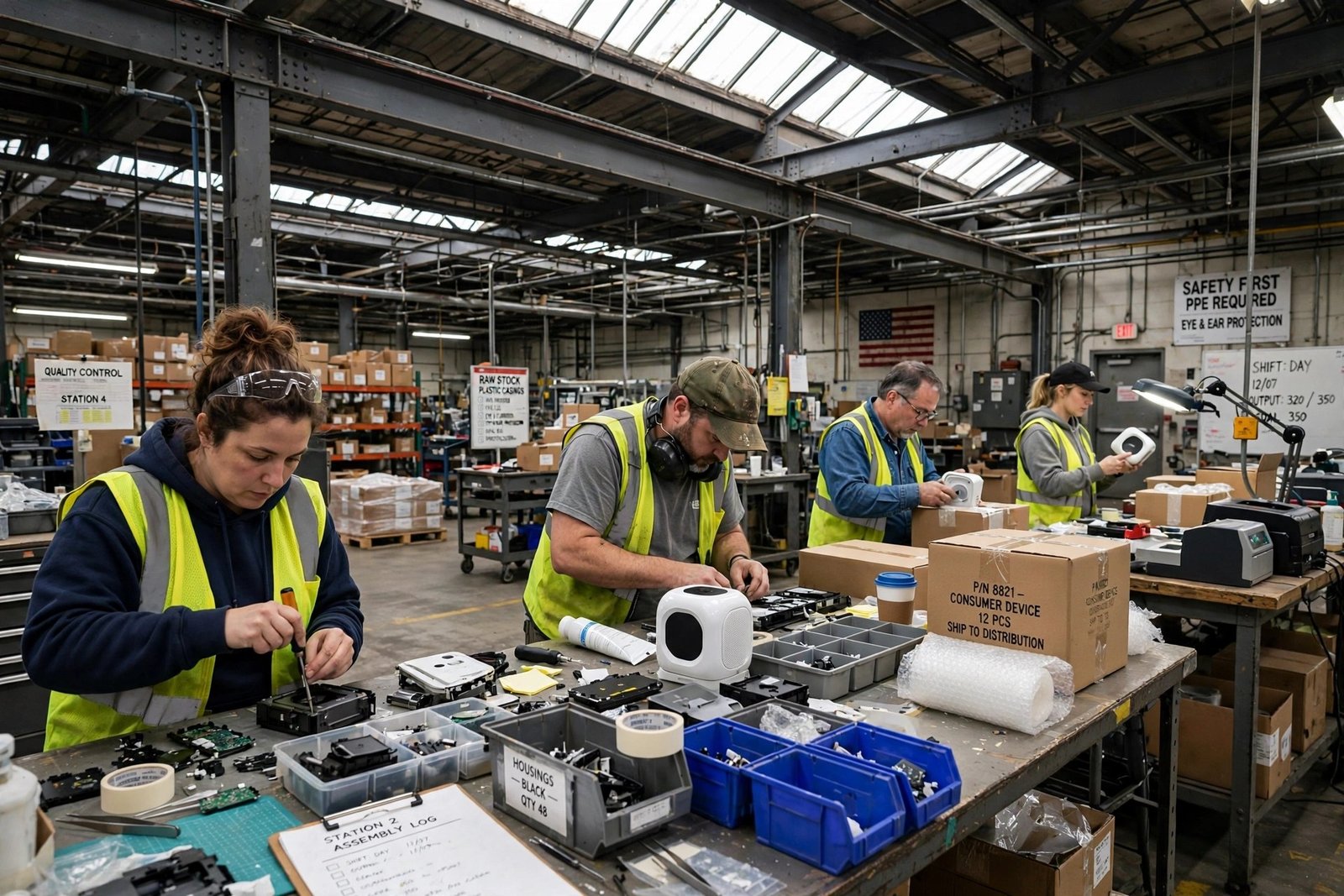 A mid-sized American factory floor with workers assembling consumer products