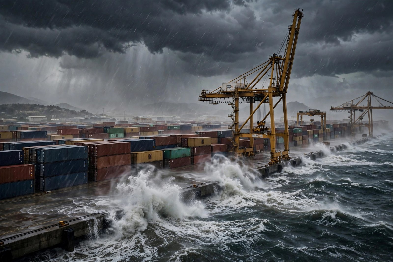 Containerhafen in China während eines Taifuns – Regen, Wind und eingestellter Betrieb, der sich zu wochenlangen Verzögerungen aufschaukelt